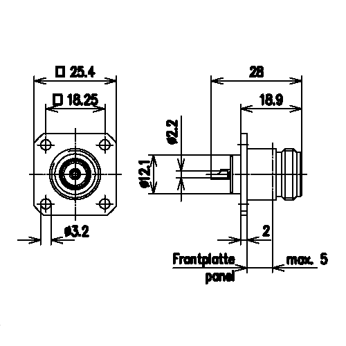 N Buchse Einbau-Steckverbinder mit Lötbohrung Passfläche versiegelt Produktbild Side View L