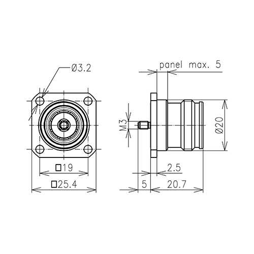 4.3-10 Buchse 4-Loch-Einbau-Steckverbinder mit Außengewinde M3 Produktbild Side View L