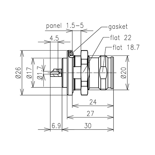 4.3-10 Buchse Einbau-Steckverbinder mit Lötbohrung Produktbild Side View L