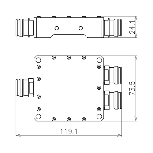 Koaxialer 2-Wege Leistungsteiler 300 W 694-3800 MHz 4.3-10 Buchse Produktbild Side View L