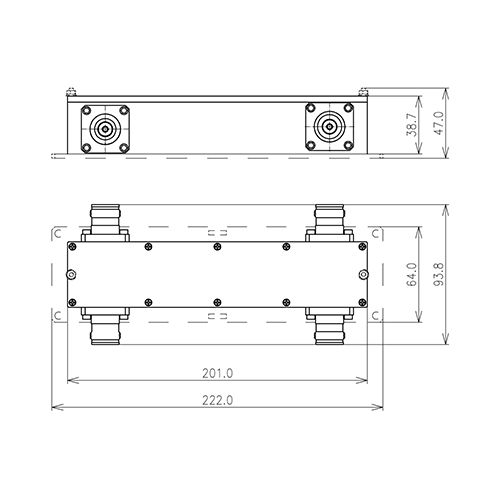 Koaxialer Richtkoppler 3 dB X-Stil 350-2700 MHz 4.3-10 Buchse Produktbild Side View L