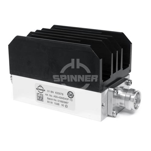 50 W 10 dB attenuator DC-4 GHz 4.3-10 male screw to 4.3-10 female product photo Front View L