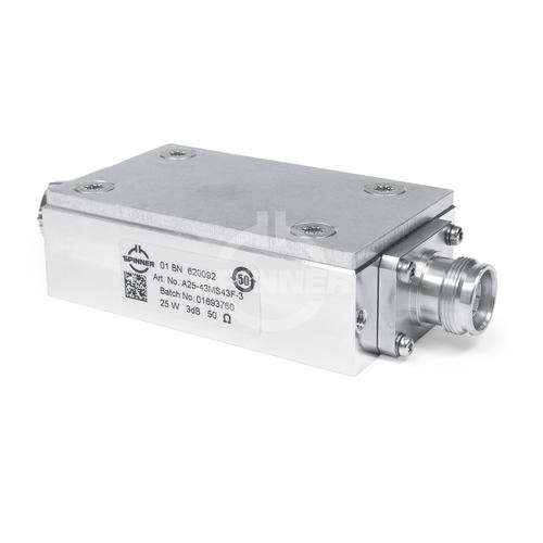 50 W 3 dB attenuator DC-4 GHz 4.3-10 male screw to 4.3-10 female product photo Front View L