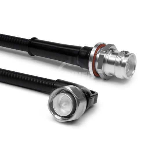Coaxial jumper measuring cable assembly SF 3/8"-50-PE 4.3-10 male right angle screw 4.3-10 female bulkhead mounting 1 m low PIM (-165 dBc) product photo Front View L