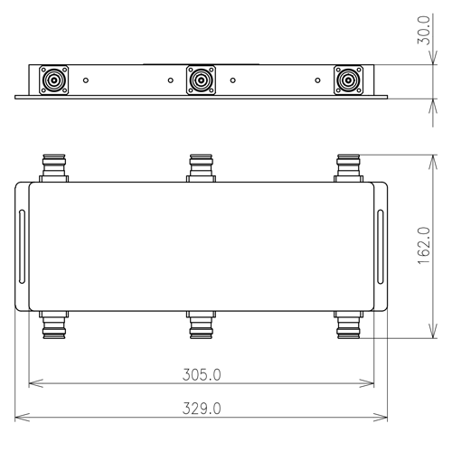 3 : 3 Combinador híbrido 694-2700 MHz 4.3-10 enchufe DC port 1 a 6, 2 a 5, 3 a 4 Imagen del producto Side View L