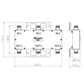 3 : 3 Combinador híbrido 694-2700 MHz 4.3-10 enchufe DC port 1 a 3, 2 a 2, 3 a 1 Imagen del producto