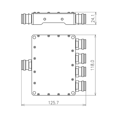 Répartiteur de puissance coaxial 4-voies 300 W 694-3800 MHz 4.3-10 jack Image du produit   Side View L